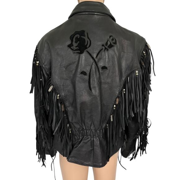 VTG Leather Fringe Rose Jacket Western Biker Boho Rockabilly Cowgirl Rodeo Blck - Picture 5 of 13